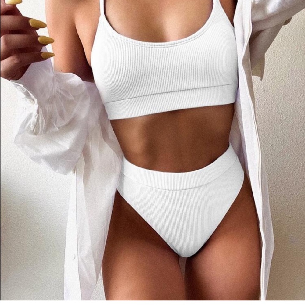White Ribbed Tank Style Top High Waisted Bikini Bottom Set